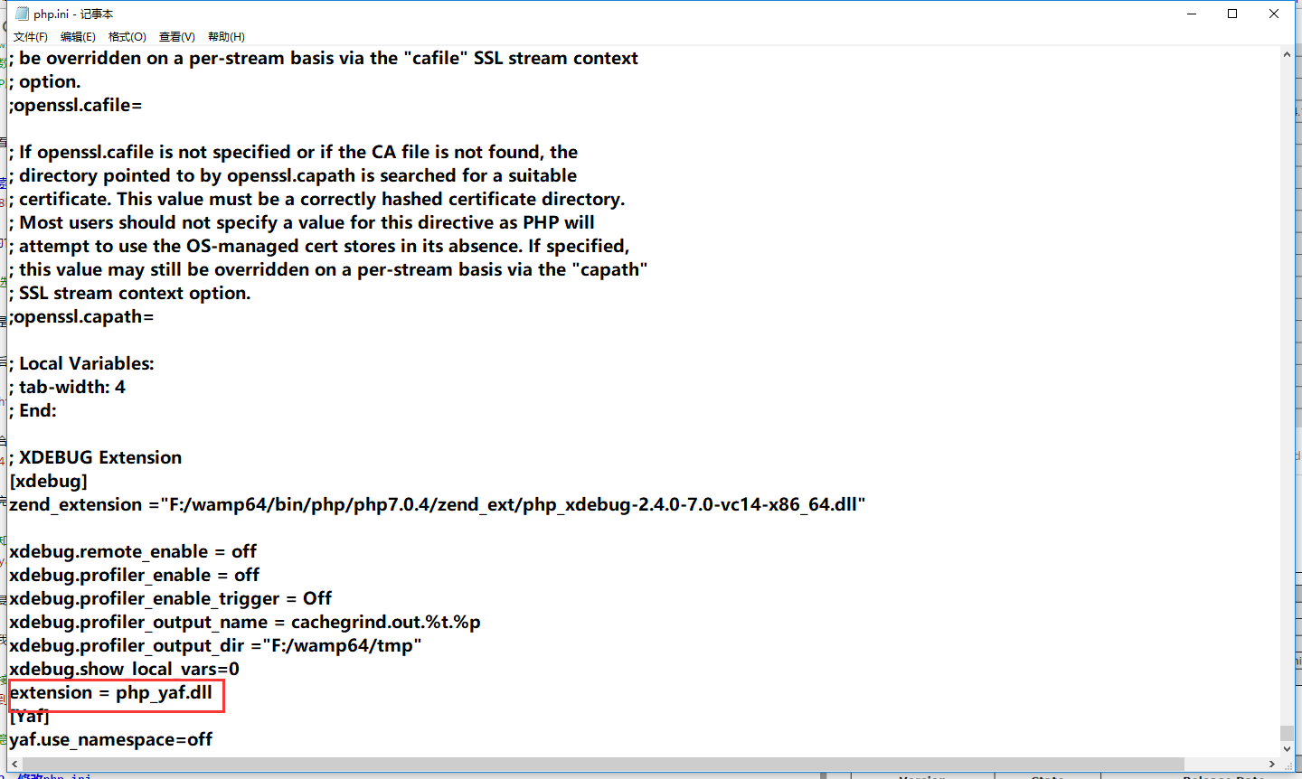 在下边加一句extension = php_yaf.dll